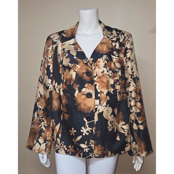 Le Suit Floral Black Brown Blazer Jacket Fully Lined Women Size 18 W - Picture 1 of 7